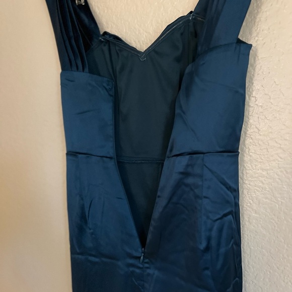 Stunning Arrival Dark Teal Satin Off-The-Shoulder Maxi Dress - Picture 6 of 6
